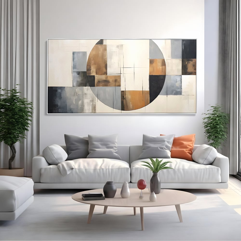 Tablou canvas cu pictura canvas cu linii negre si forme geometrice, in rama de aluminiu argintiu, pe perete intr-un living